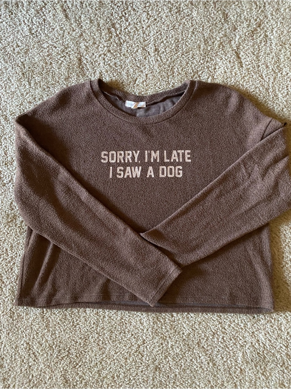 Moa Moa Brown Crewneck Sweatshirt with 'Sorry, I'm Late I Saw A Dog' Graphic